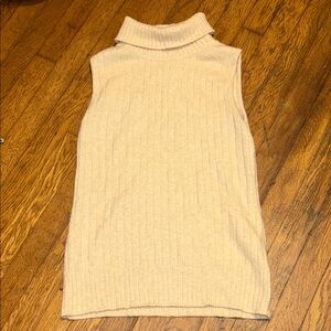 Beige Sleeveless Ribbed Turtleneck Top